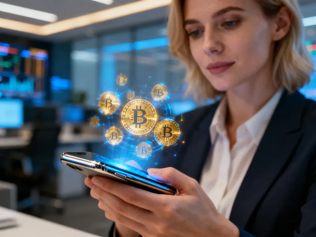 Kobieta trzymająca smartfon z wyświetlonymi symbolami cyfrowej waluty na tle nowoczesnego biura finansowego.