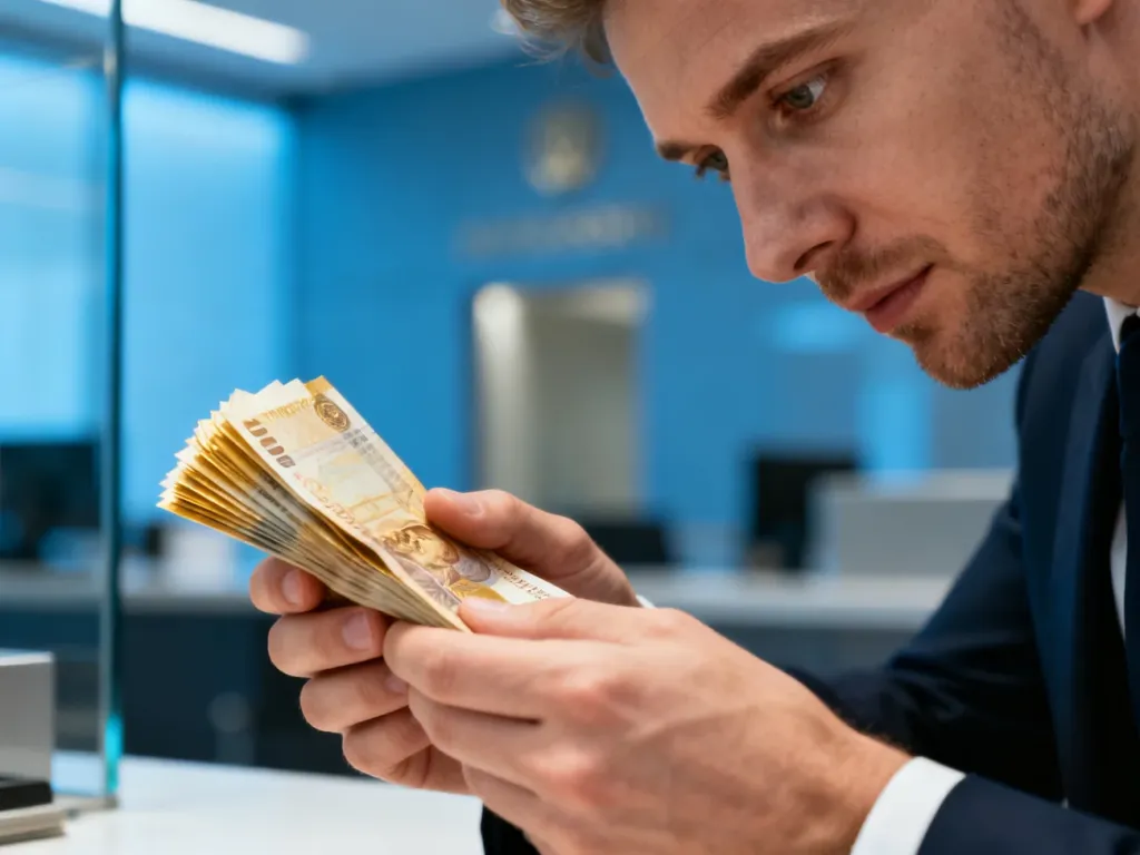 Mężczyzna trzymający w dłoniach plik banknotów w nowoczesnym, profesjonalnym wnętrzu bankowym.
