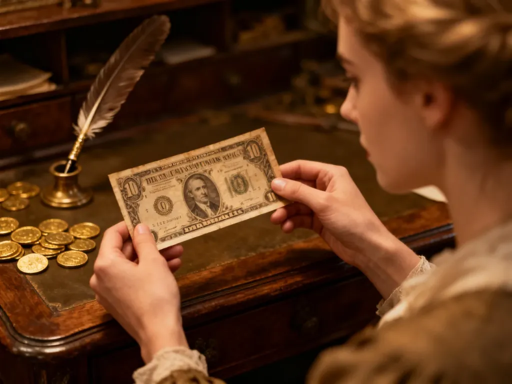 Kobieta trzymająca zabytkowy banknot na tle dawnych monet i pióra, nawiązująca do historii pieniądza papierowego.