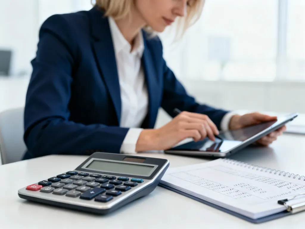 Kobieta w nowoczesnym biurze oblicza finanse na tablecie, korzystając z kalkulatora i notatnika.