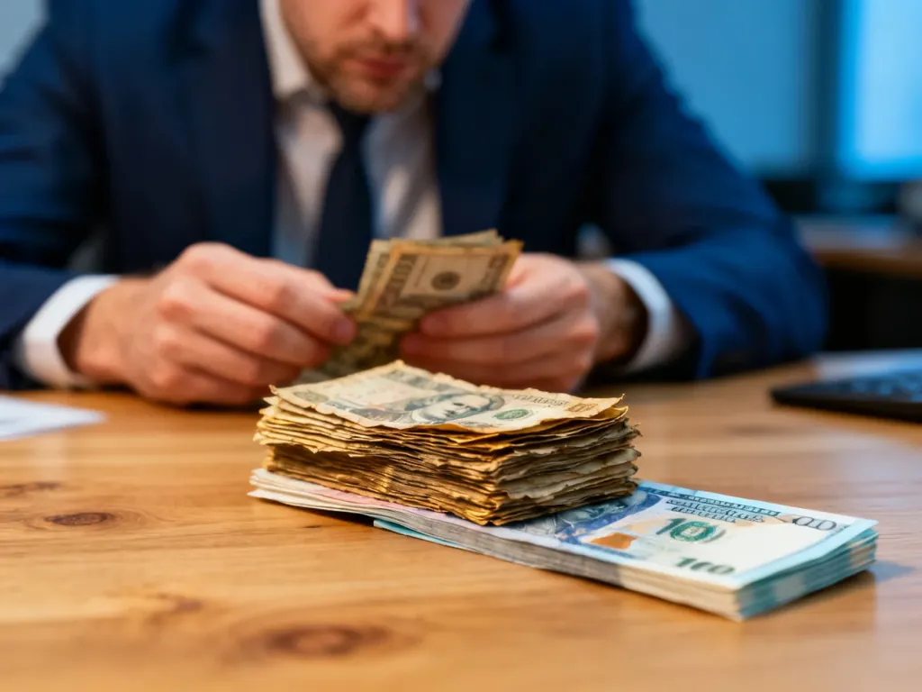 Stare banknoty wymieniane na nowe, współczesne pieniądze na drewnianym biurku, symbolizujące proces denominacji.