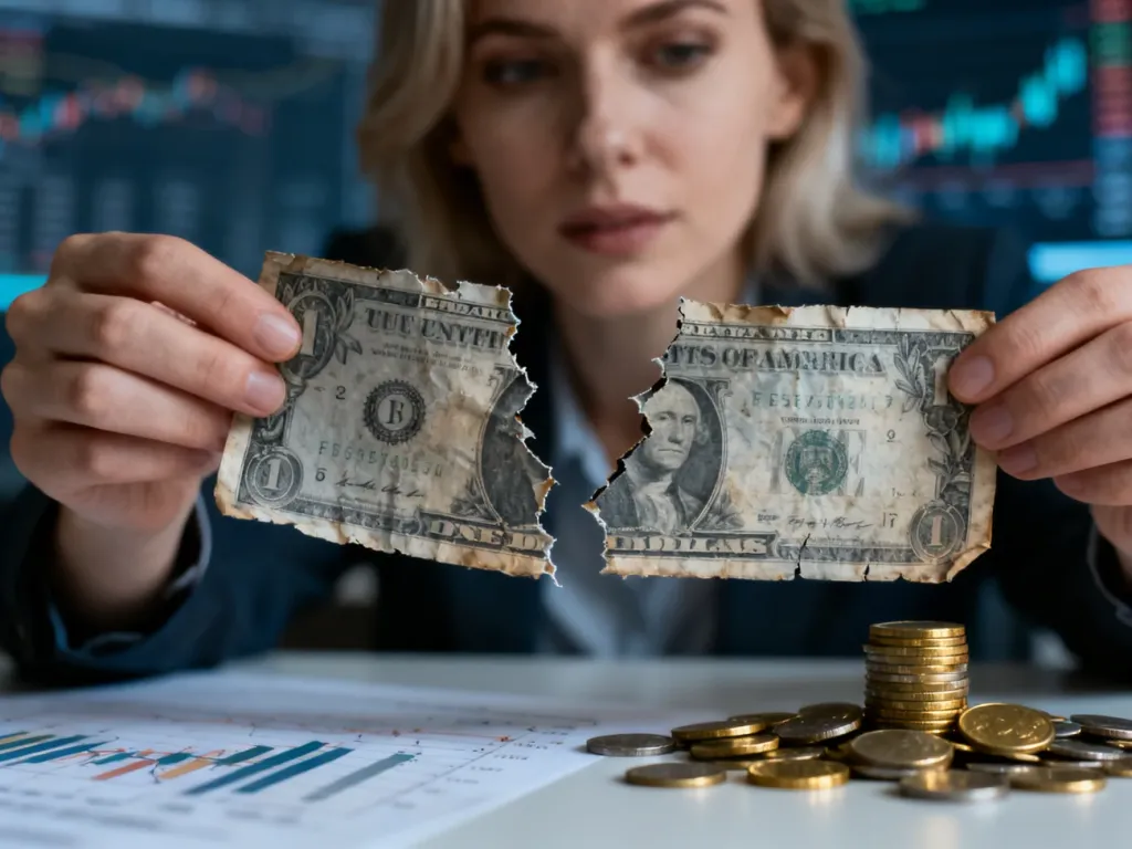 Dłoń rozdzierająca na pół stary banknot, symbolizująca utratę wartości pieniądza i kryzys finansowy.