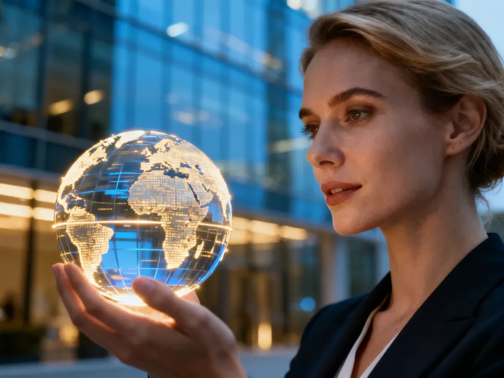 Kobieta trzymająca świecący model kuli ziemskiej na tle nowoczesnego biurowca, symbolizująca globalne finanse.