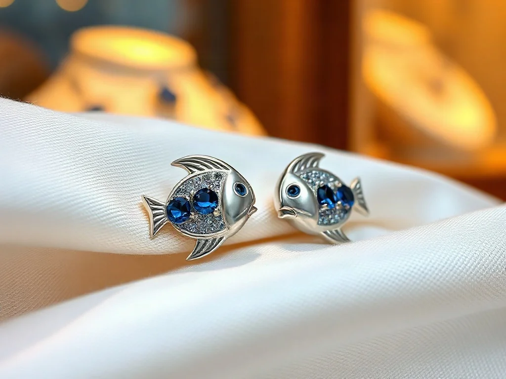 Eleganckie srebrne kolczyki w kształcie rybek z niebieskimi szafirami, wyeksponowane na miękkim, białym jedwabiu.