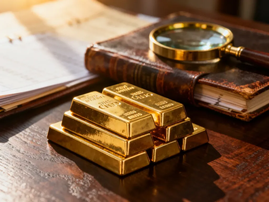 Stosy złotych sztabek na biurku z księgą finansową, symbolizujące inwestycję i kwestie podatkowe związane z darowizną.