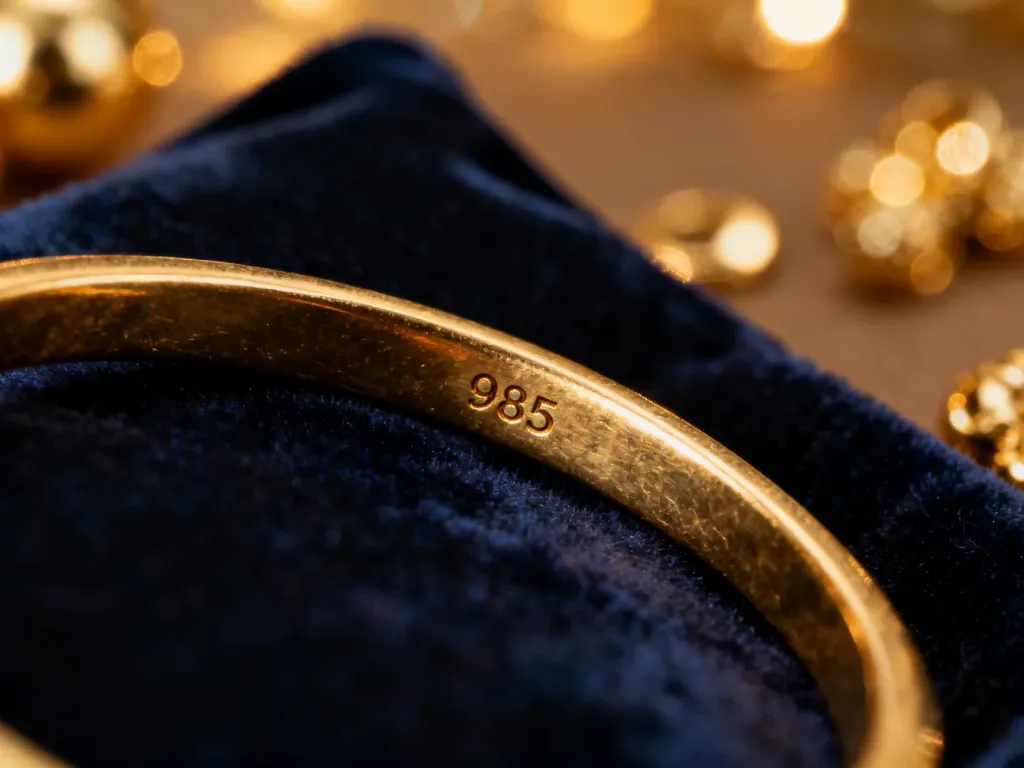 Elegancka złota biżuteria z wyraźną próbą 585 na ciemnym welurze, podkreślająca autentyczność i wysoką jakość kruszcu.