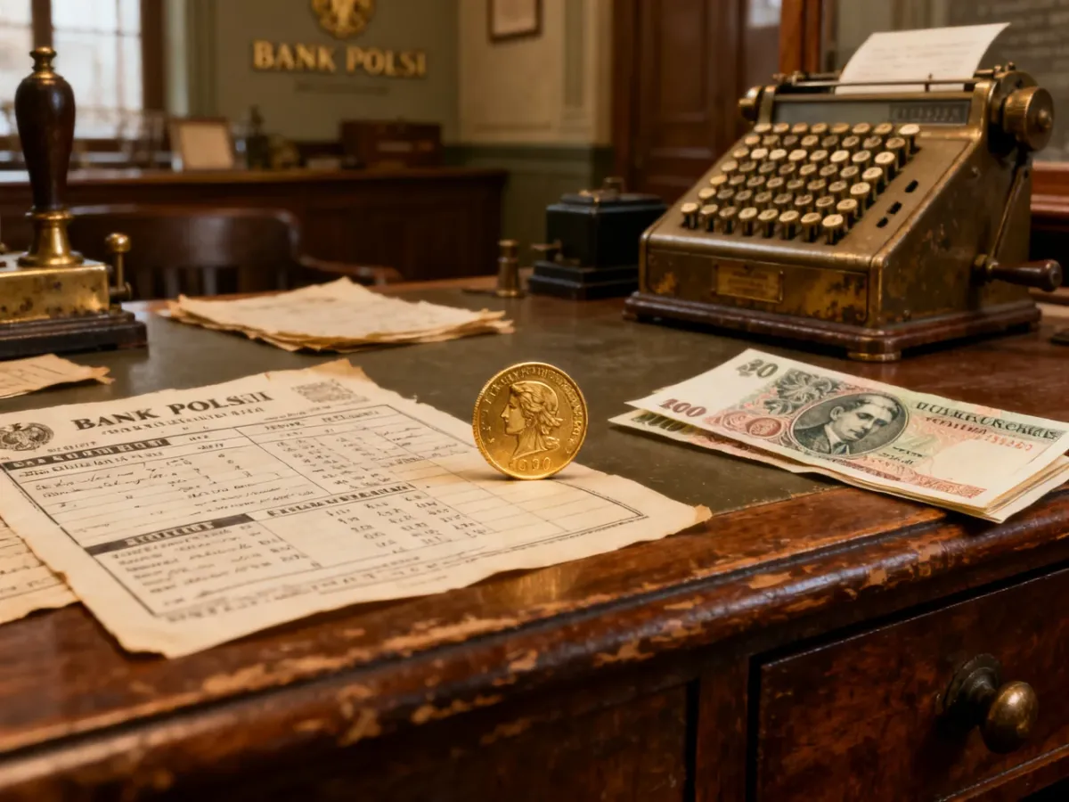 Złota moneta, banknoty i zagraniczne waluty symbolizujące polski standard złoto-dewizowy