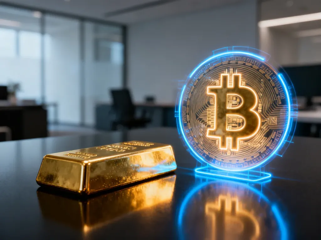 Sztabka złota obok cyfrowego symbolu Bitcoina na ciemnym tle, obrazująca porównanie inwestycji tradycyjnych i kryptowalut.