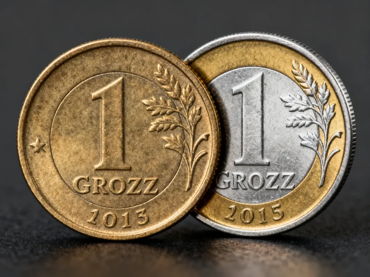 Dwie jednogroszówki ukazujące różnicę między litym mosiądzem manganowym a stalowym rdzeniem pokrytym mosiądzem