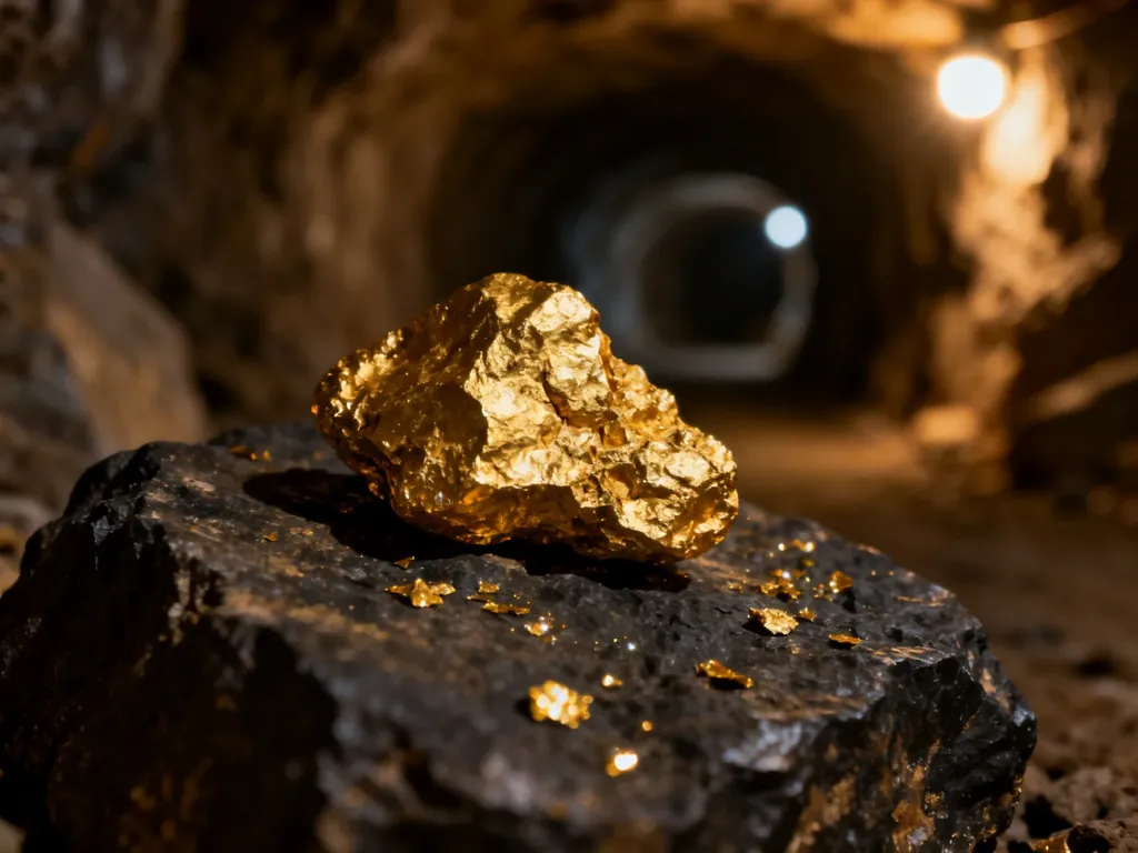 Surowa bryłka złota oraz drobne płatki minerału na tle ciemnej skały i zarysu kopalnianego tunelu.