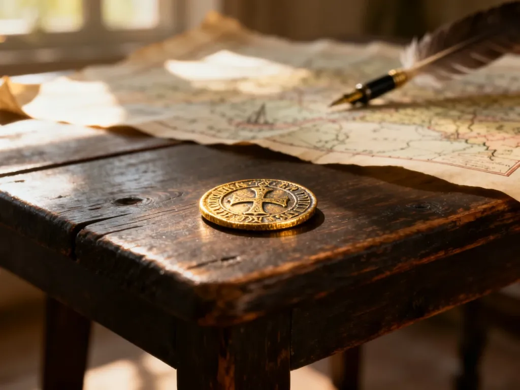 Średniowieczna złota moneta na drewnianym stole w otoczeniu starych map, podkreślająca historyczne znaczenie kruszcu.