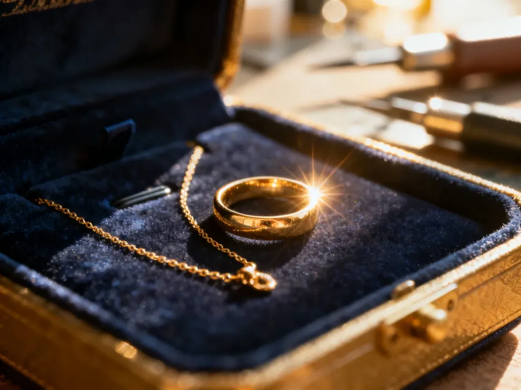 Elegancki pozłacany pierścionek i naszyjnik na aksamitnym tle, prezentujące wysoką jakość biżuterii 24k gold plated.