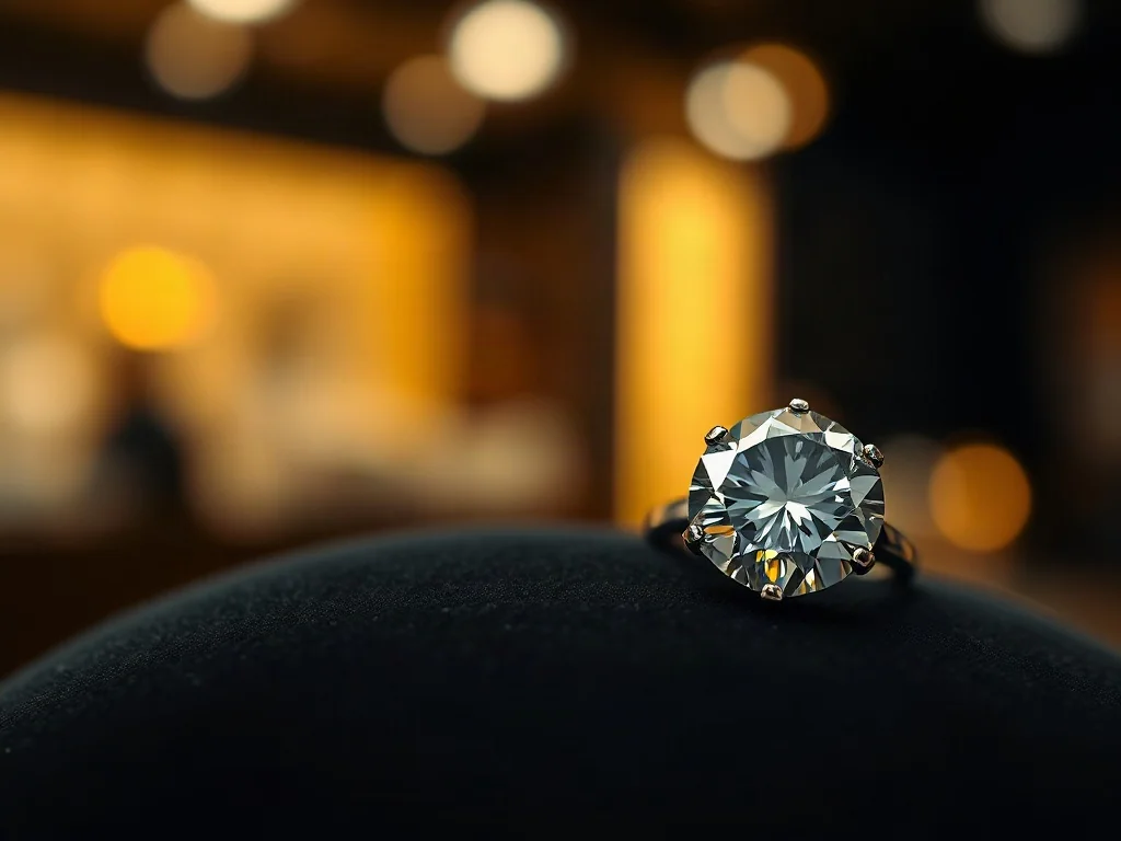 Luksusowy pierścionek z diamentem na aksamitnym tle, prezentujący precyzyjny szlif kamienia i elegancję jubilerską.