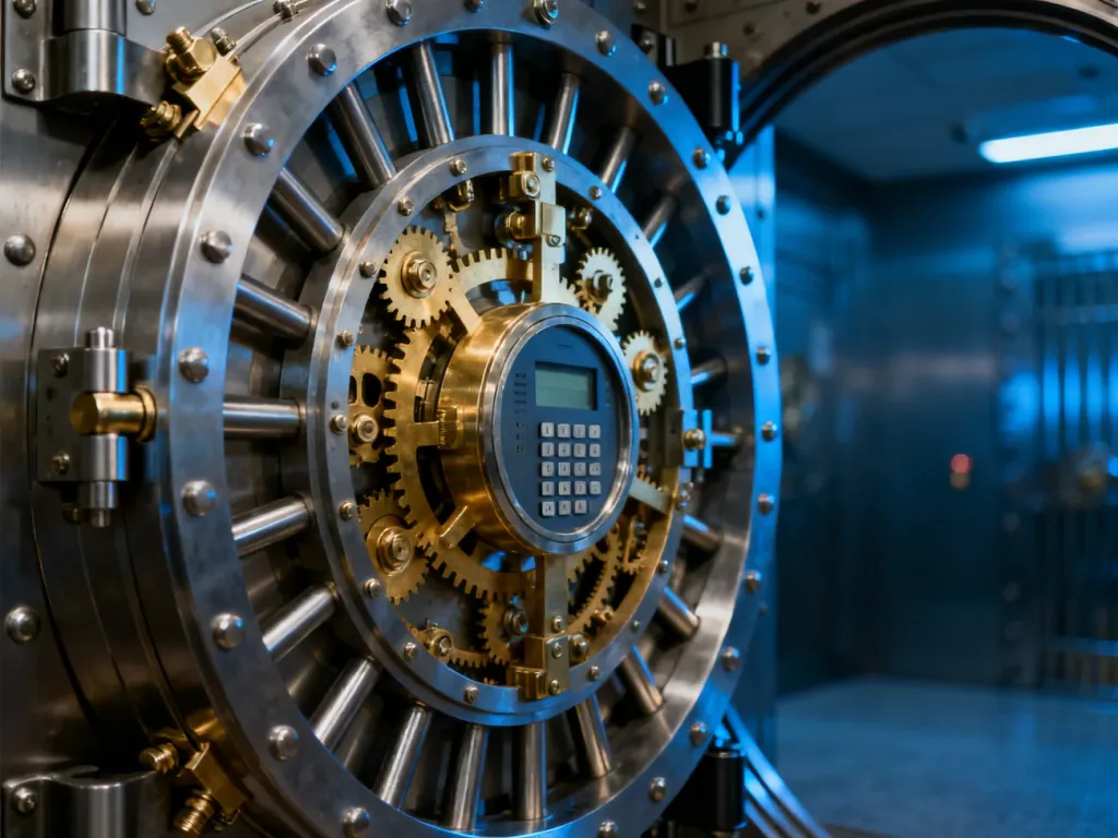 Zbliżenie na mechanizm masywnych drzwi sejfu bankowego z widocznymi stalowymi ryglami, złotymi trybami i klawiaturą cyfrową.