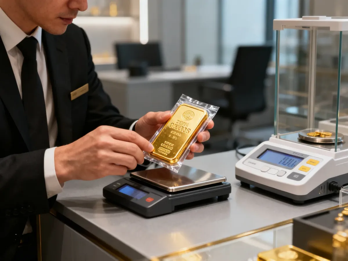 Dealer sprawdzający złotą sztabkę inwestycyjną w punkcie skupu