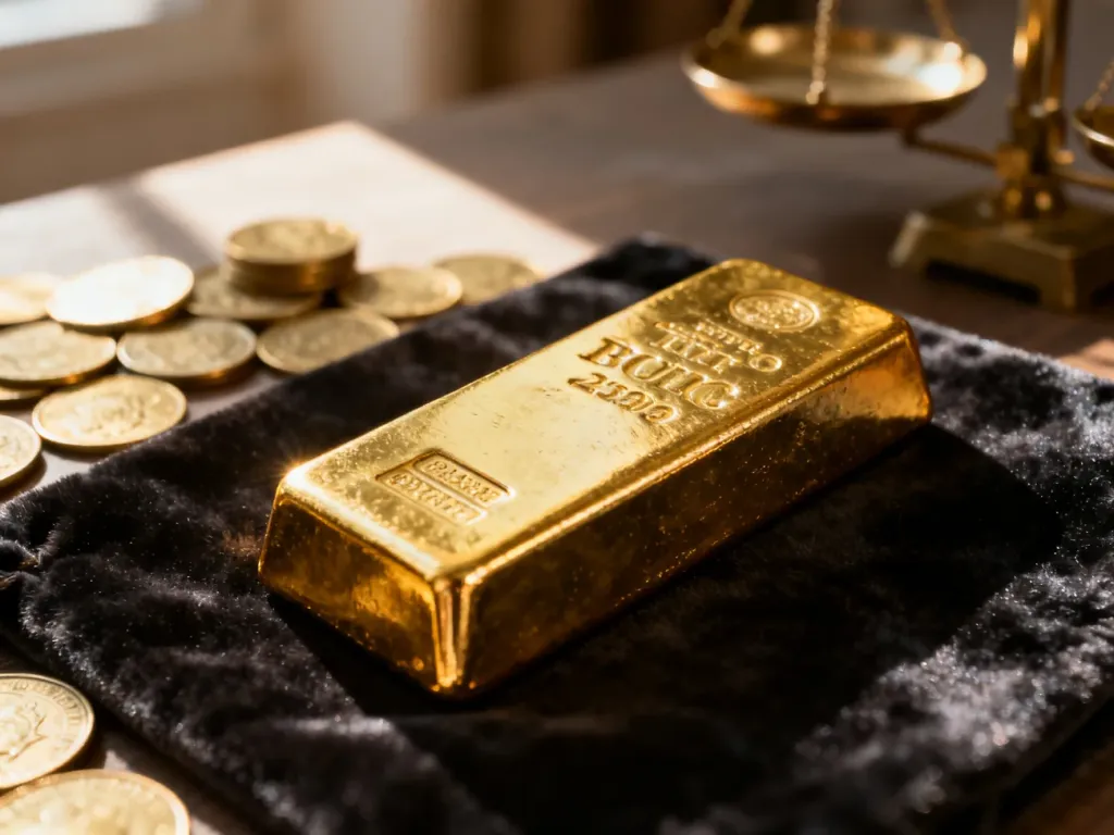 Sztabka złota na aksamitnym tle w otoczeniu monet i wagi, symbolizująca inwestycję w kruszce i analizę finansową.