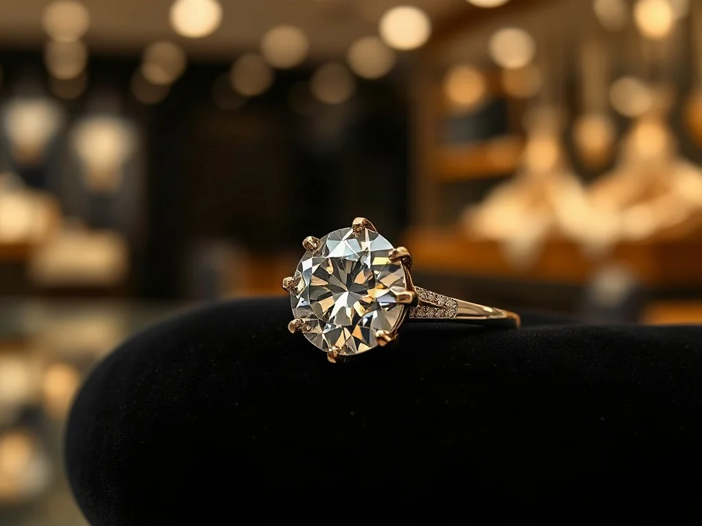 Elegancki pierścionek z diamentem na aksamitnym tle, podkreślający luksusowy charakter biżuterii inwestycyjnej.