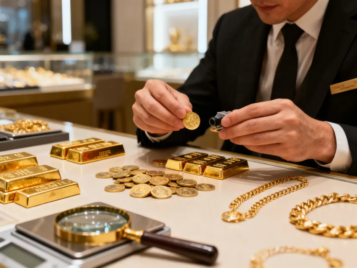 Dealer porównujący monety, sztabki i biżuterię ze złota