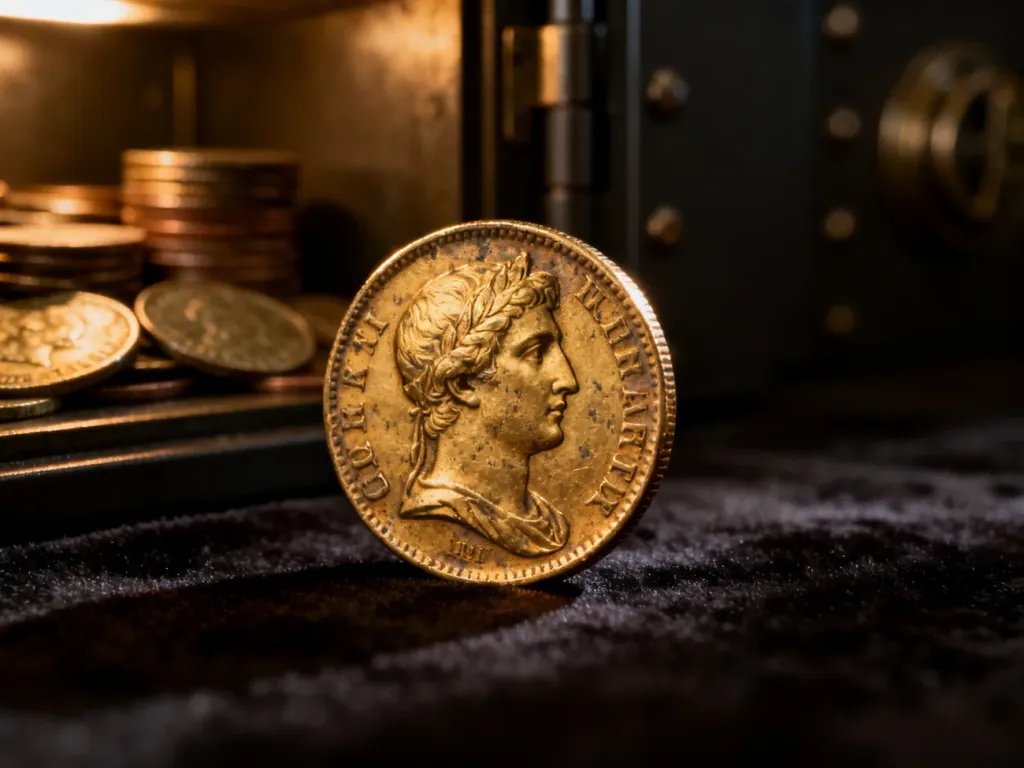 Zabytkowa złota moneta na ciemnym aksamicie w tle skarbca, podkreślająca historyczny charakter polskiej waluty.