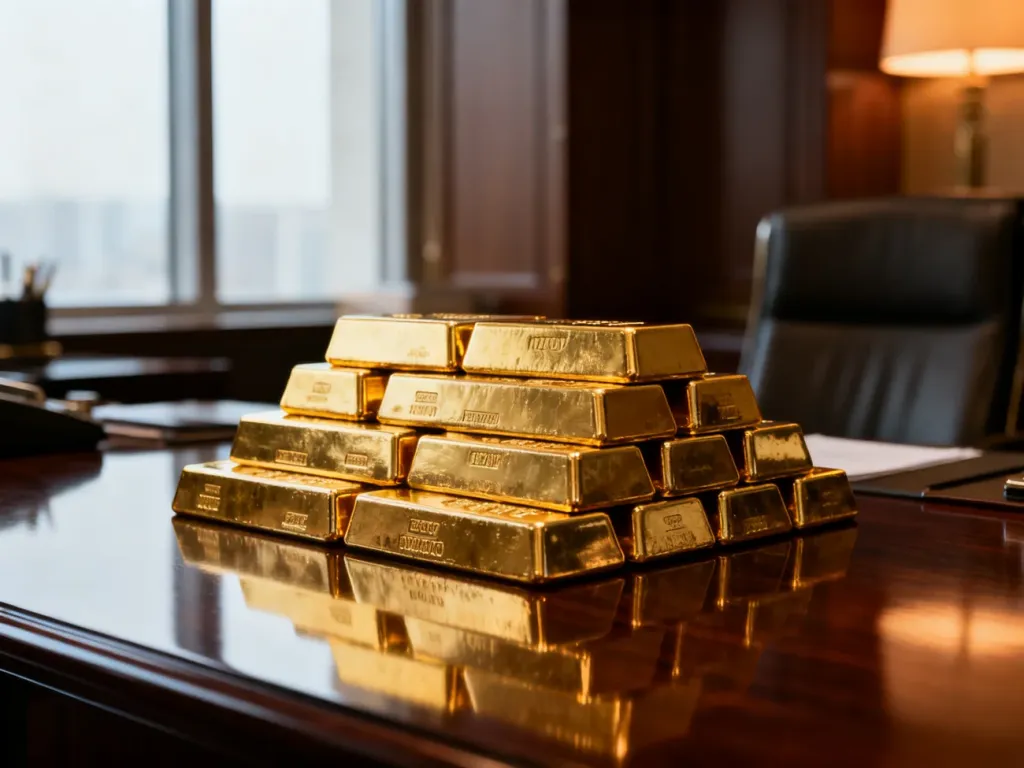 Stos sztabek złota 24k na eleganckim biurku w profesjonalnym biurze finansowym.