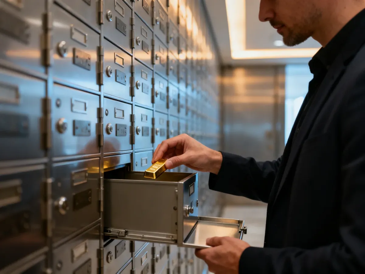 Klient umieszczający sztabkę złota w skrytce depozytowej w bankowym skarbcu