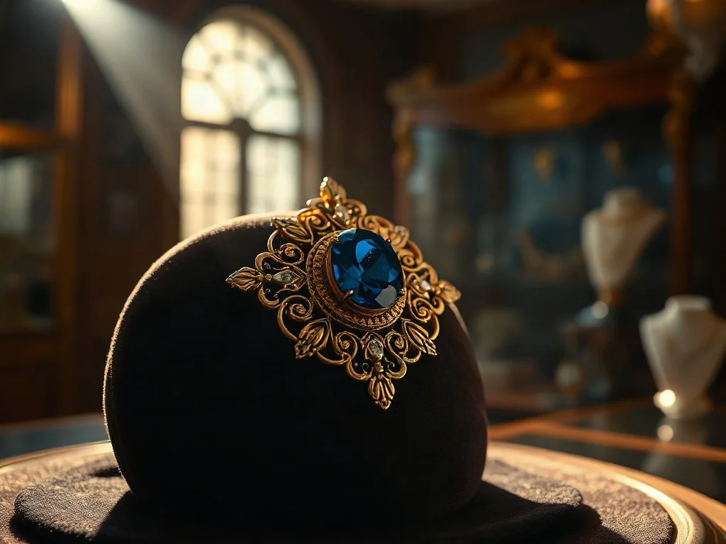 Złota broszka w stylu vintage z filigranowymi zdobieniami i dużym szafirem, wyeksponowana na aksamitnej poduszce.
