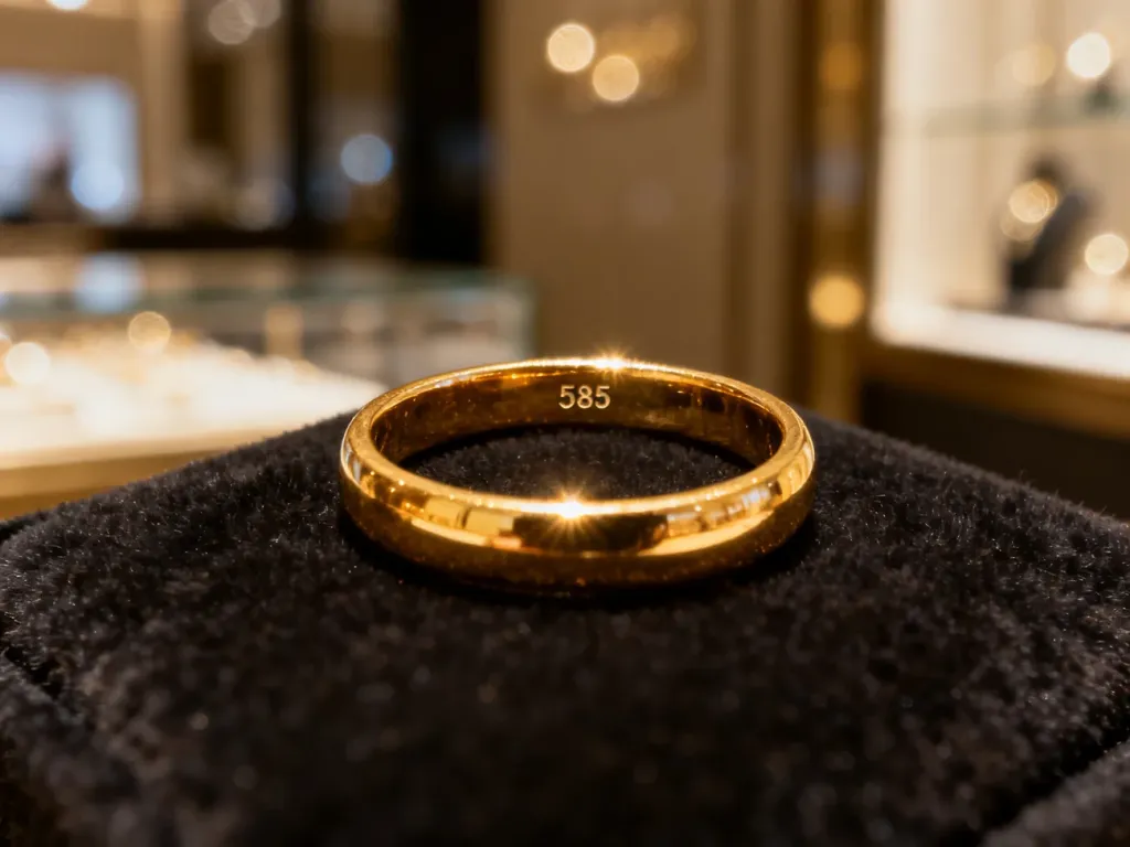 Elegancki złoty pierścionek z wyraźną próbą 585, spoczywający na aksamitnym tle w luksusowym wnętrzu salonu jubilerskiego.