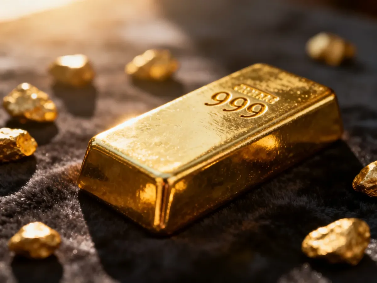 Sztabka czystego złota z wyraźnym oznaczeniem próby 999, spoczywająca na aksamitnym tle w otoczeniu złotych samorodków.