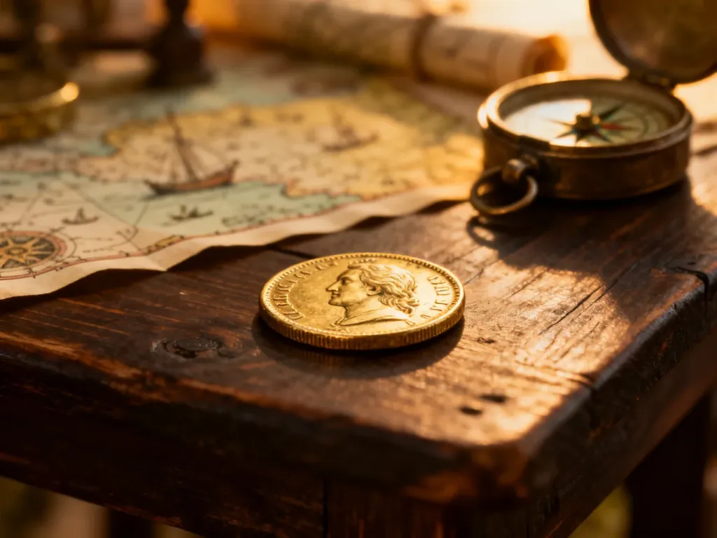 Złota moneta na starym drewnianym stole w otoczeniu map i kompasów, symbolizująca historyczną wartość kruszcu.