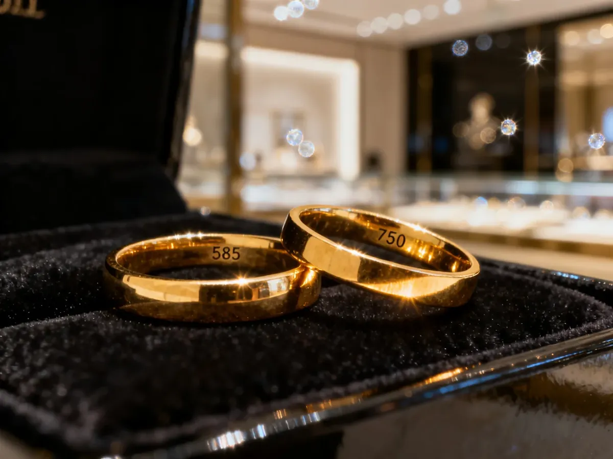 Dwa złote pierścionki z widocznymi próbami 585 i 750 spoczywające na eleganckim, ciemnym aksamicie.