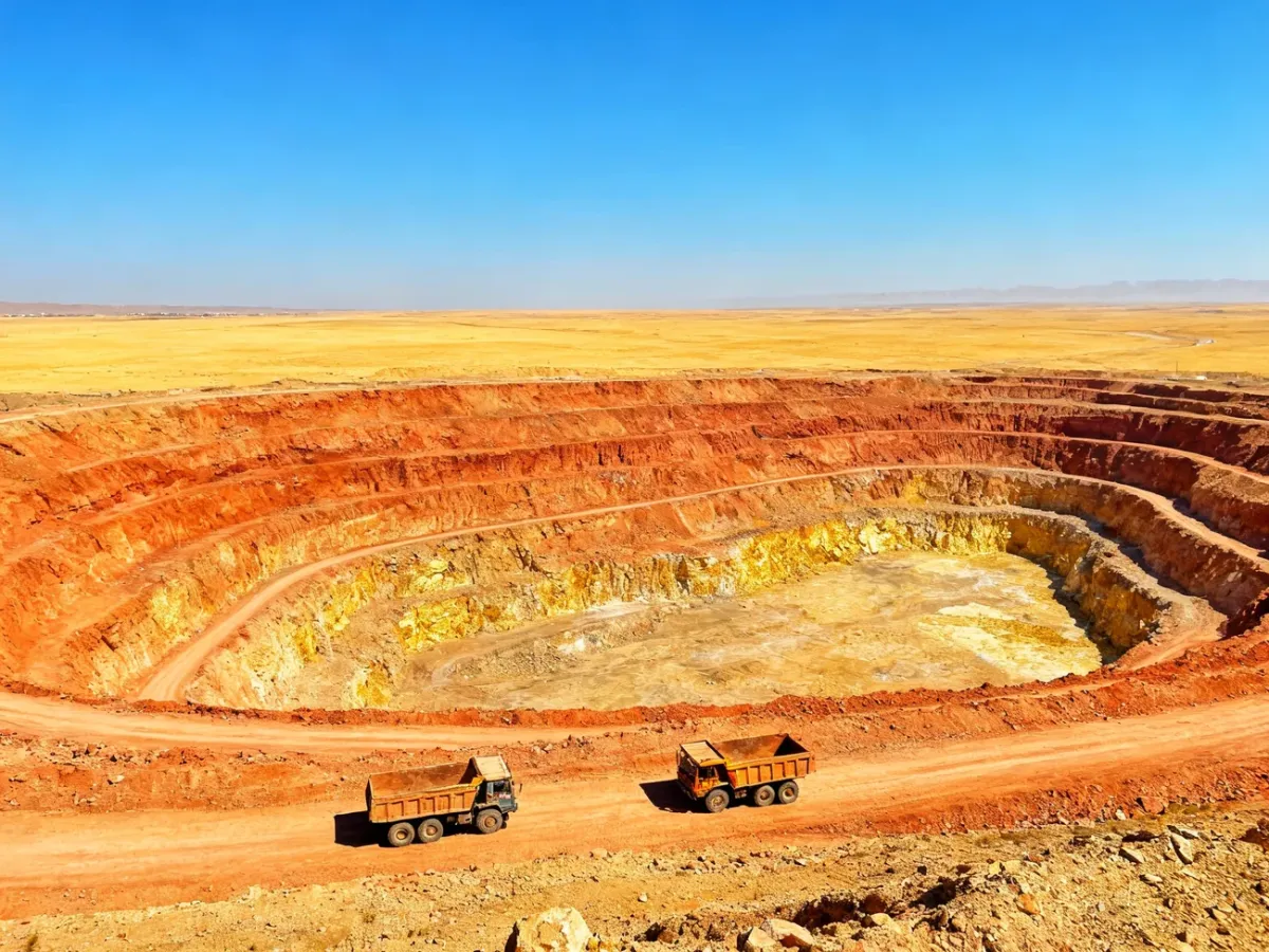 Panoramic view of the terraced Muruntau open-pit gold mine in the Qizilqum Desert