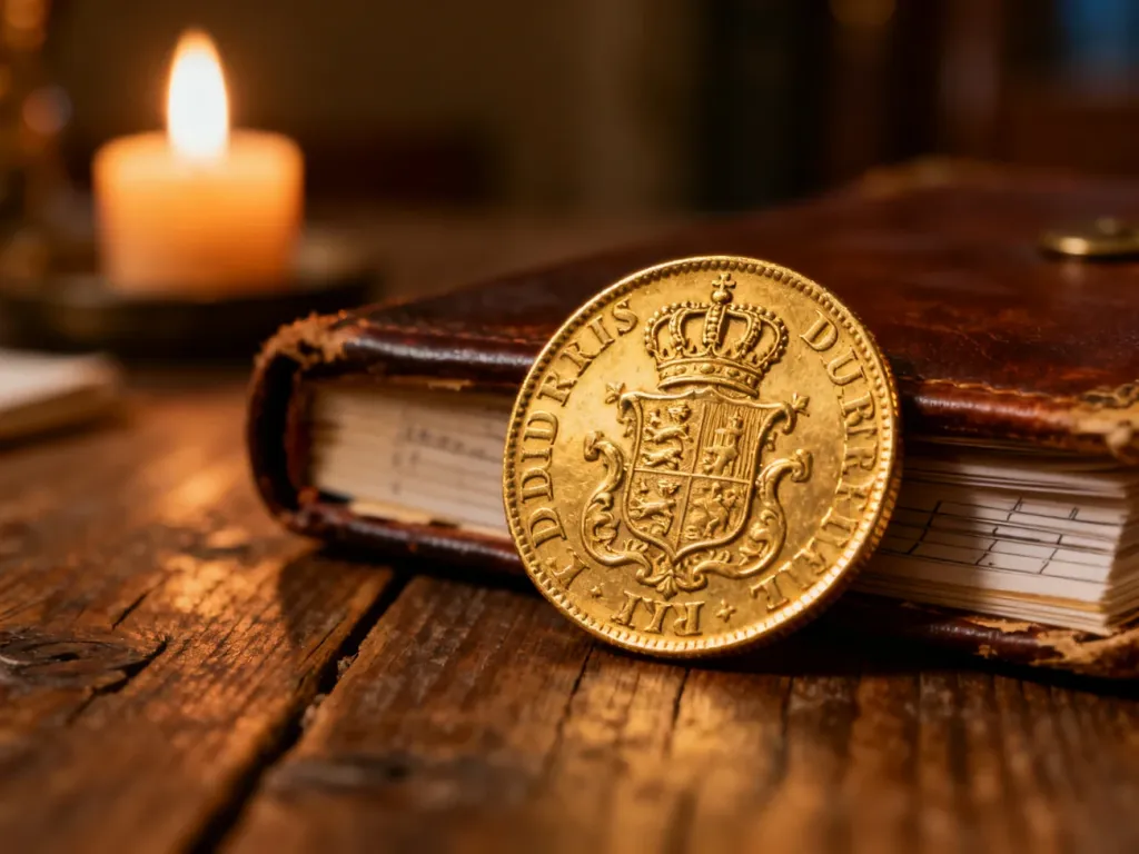 Złoty dukat z historycznymi grawerunkami leżący na drewnianym stole w otoczeniu świecy i starej księgi.