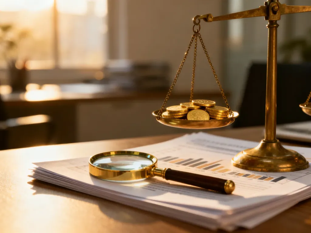 Mosiężna waga z monetami i lupą na dokumentach finansowych, symbolizująca precyzyjną wycenę i analizę wartości skupu.