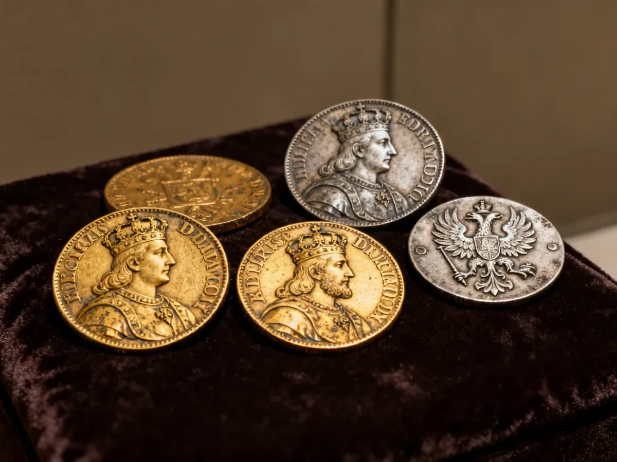 Historyczne polskie dukaty ze złota i srebrny ort na ciemnym tle
